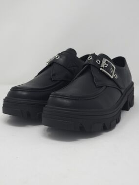 CHARCOAL PU Chunky Platform Loafers Buckle Strap Lug Sole Slip On Casual Trendy